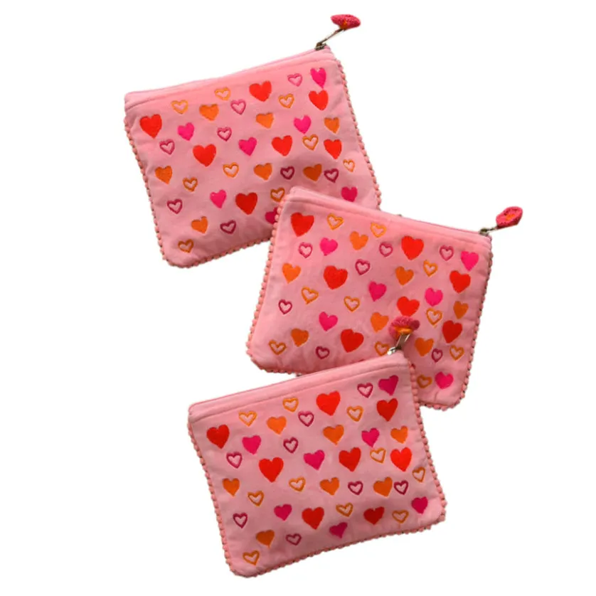 Little Hearts Embroidered Velvet Zipper Pouch
