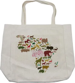 Lunarable Africa Shopping Bag, Continent Map with Local Animals Diversity Lion Camel in Equator Design, Eco-Friendly Reusable Bag for Groceries Beach and More, 15.5" X 14.5", Cream