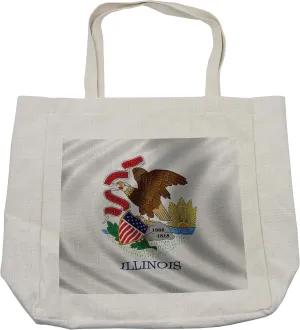 Lunarable American Shopping Bag, Illinois Flag Eagle's Beak Banner State Sovereignty, National Union Springfield, Eco-Friendly Reusable Bag for Groceries Beach and More, 15.5" X 14.5", Cream