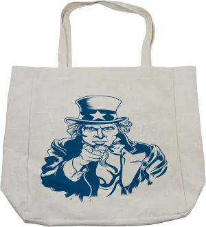 Lunarable American Shopping Bag, Uncle Sam Pointing out Happy Fourth of July States Independence Day National, Eco-Friendly Reusable Bag for Groceries Beach and More, 15.5" X 14.5", Cream