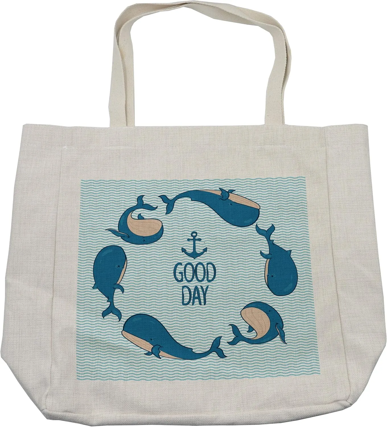 Lunarable Anchor Shopping Bag, Whales Predator Animals Underwater Life Maritime Travel Swimming Seaside, Eco-Friendly Reusable Bag for Groceries Beach and More, 15.5" X 14.5", Cream