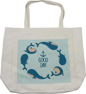 Lunarable Anchor Shopping Bag, Whales Predator Animals Underwater Life Maritime Travel Swimming Seaside, Eco-Friendly Reusable Bag for Groceries Beach and More, 15.5" X 14.5", Cream