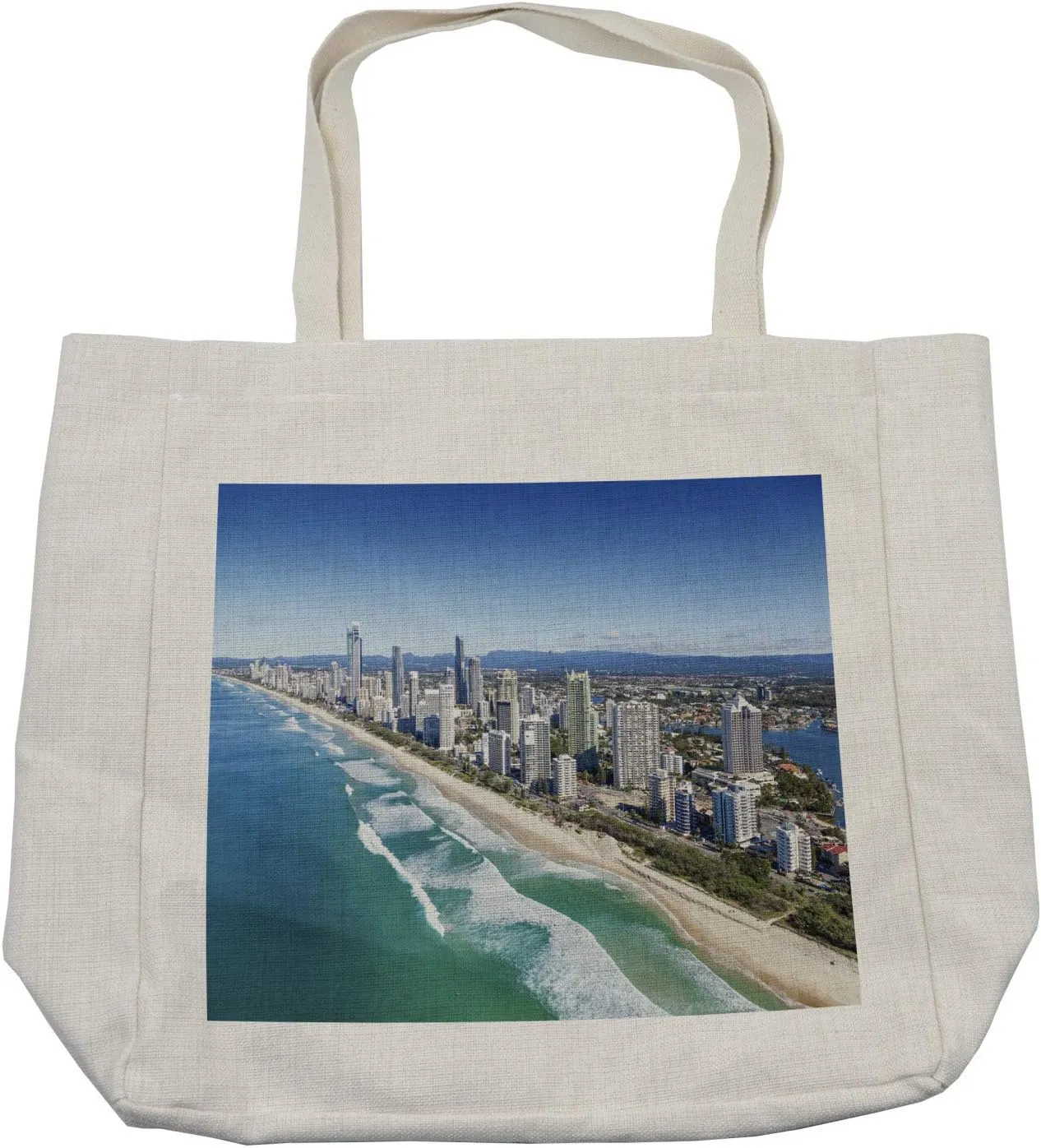Lunarable Australia Shopping Bag, Aerial View of Gold Coast Famous Queensland Panorama Shoreline Buildings Photo, Eco-Friendly Reusable Bag for Groceries Beach and More, 15.5" X 14.5", Cream