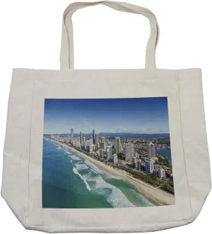 Lunarable Australia Shopping Bag, Aerial View of Gold Coast Famous Queensland Panorama Shoreline Buildings Photo, Eco-Friendly Reusable Bag for Groceries Beach and More, 15.5" X 14.5", Cream