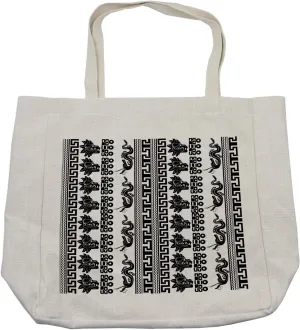 Lunarable Aztec Shopping Bag, Mythological in Civilizations Vertical Stripes with Spirit Ornaments, Eco-Friendly Reusable Bag for Groceries Beach and More, 15.5" X 14.5", Cream
