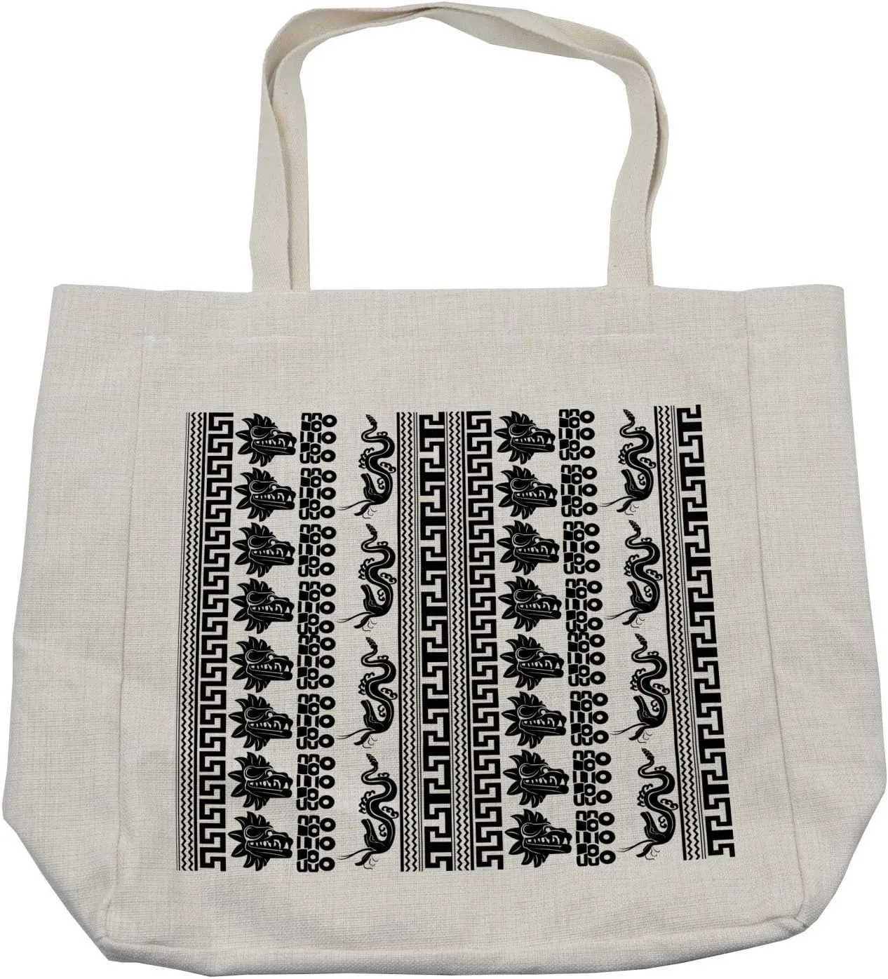 Lunarable Aztec Shopping Bag, Mythological in Civilizations Vertical Stripes with Spirit Ornaments, Eco-Friendly Reusable Bag for Groceries Beach and More, 15.5" X 14.5", Cream