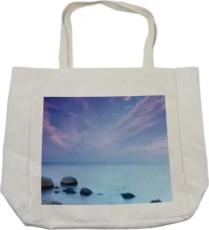 Lunarable Beach Shopping Bag, Baltic Sea Coast Autumn Sunset View Boulders on Water Tourism Theme Picture, Eco-Friendly Reusable Bag for Groceries Beach and More, 15.5" X 14.5", Cream