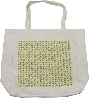 Lunarable Birdcage Shopping Bag, Colorful Little Birds Pattern with Green Leaves and Small Flowers on Their Beaks, Eco-Friendly Reusable Bag for Groceries Beach and More, 15.5" X 14.5", Cream