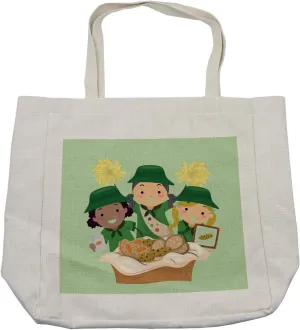 Lunarable Cartoon Shopping Bag, Illustration of Girls with Uniforms Selling Various Cookies Fundraiser Event, Eco-Friendly Reusable Bag for Groceries Beach and More, 15.5" X 14.5", Cream