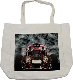 Lunarable Classic Car Shopping Bag, Cool Vintage Vehicle with Smokes Background Speed Excitement Themes, Eco-Friendly Reusable Bag for Groceries Beach and More, 15.5" X 14.5", Cream