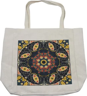 Lunarable Classic Shopping Bag, Middle Ages Civilization Historical Art Patterns, Eco-Friendly Reusable Bag for Groceries Beach and More, 15.5" X 14.5", Cream