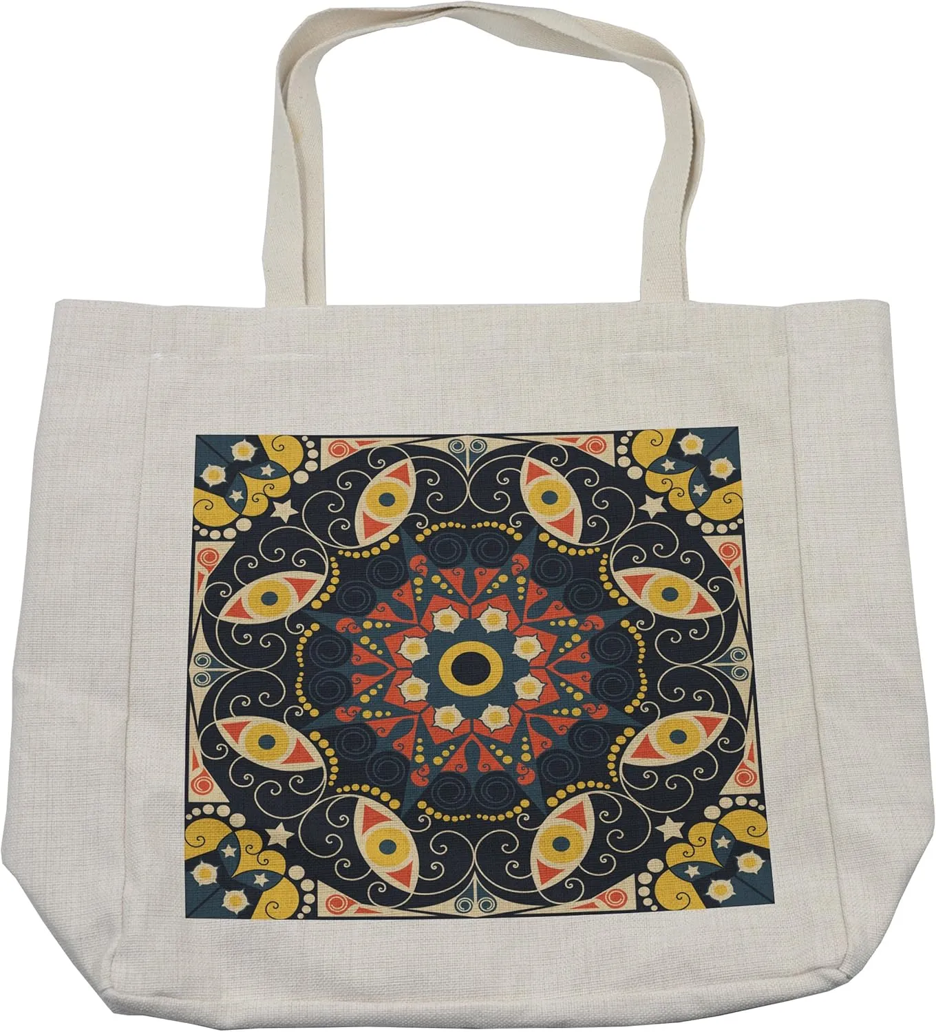 Lunarable Classic Shopping Bag, Middle Ages Civilization Historical Art Patterns, Eco-Friendly Reusable Bag for Groceries Beach and More, 15.5" X 14.5", Cream