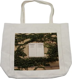 Lunarable Country Shopping Bag, Cultural Mediterranean Wood Window Shutter Ivy Plant Image Print, Eco-Friendly Reusable Bag for Groceries Beach and More, 15.5" X 14.5", Cream