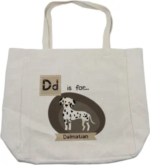 Lunarable Dalmatian Shopping Bag, Letter D Alphabet Writing Puppy Zoo Vocabulary in Cartoon Style, Eco-Friendly Reusable Bag for Groceries Beach and More, 15.5" X 14.5", Multicolor