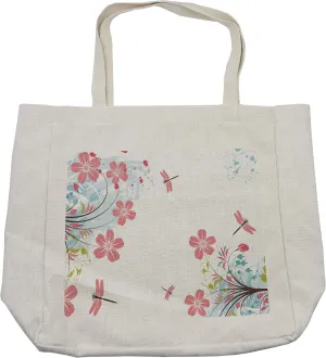 Lunarable Dragonfly Shopping Bag, Dragonflies Flower Field Spring Season Inspirational Natural Ecological Life Theme, Eco-Friendly Reusable Bag for Groceries Beach and More, 15.5" X 14.5", Cream