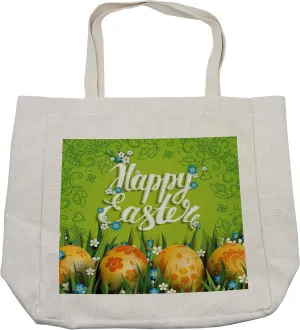 Lunarable Easter Shopping Bag, Cultural Calligraphy with Flowers Petals and Eggs Nature Love Art Image, Eco-Friendly Reusable Bag for Groceries Beach and More, 15.5" X 14.5", Cream
