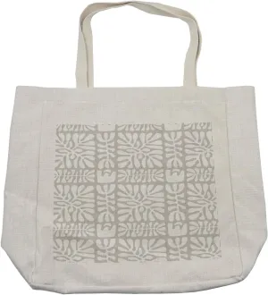 Lunarable Ethnic Shopping Bag, Aboriginal Floral Patterns with Monochrome Design Prehistoric Shape Tribal Art, Eco-Friendly Reusable Bag for Groceries Beach and More, 15.5" X 14.5", Cream