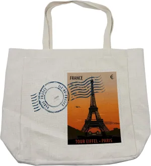 Lunarable European Shopping Bag, Retro Postal Card with Tour Eiffel Tower Sunset Paris France Illustration, Eco-Friendly Reusable Bag for Groceries Beach and More, 15.5" X 14.5", Cream
