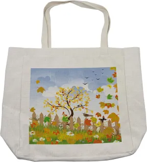Lunarable Farmland Shopping Bag, Winds of Fall View with Deciduous Branch Faded Leaves Birds Gulls in Park Image, Eco-Friendly Reusable Bag for Groceries Beach and More, 15.5" X 14.5", Cream