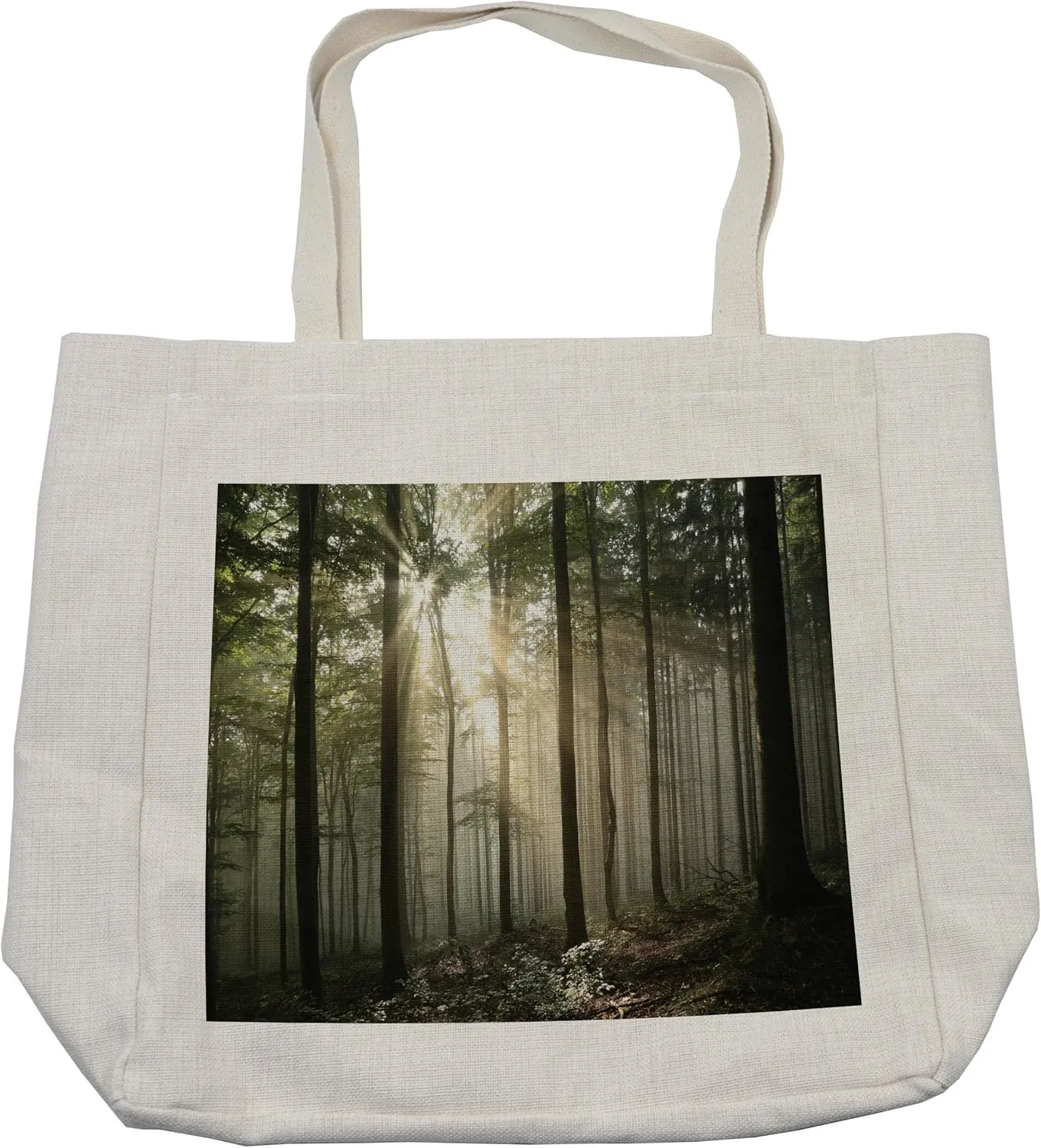 Lunarable Forest Shopping Bag, Sunrise in the Early Autumn Deciduous Forest Wild Woodland Seasonal Picture, Eco-Friendly Reusable Bag for Groceries Beach and More, 15.5" X 14.5", Green Grey Black