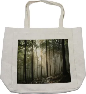 Lunarable Forest Shopping Bag, Sunrise in the Early Autumn Deciduous Forest Wild Woodland Seasonal Picture, Eco-Friendly Reusable Bag for Groceries Beach and More, 15.5" X 14.5", Green Grey Black