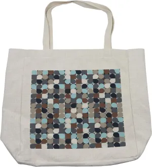 Lunarable Geometric Circle Shopping Bag, Retro Themed Grid Pixel Polygons Web in Earthen Effects Pop Art Inspired, Eco-Friendly Reusable Bag for Groceries Beach and More, 15.5" X 14.5", Cream