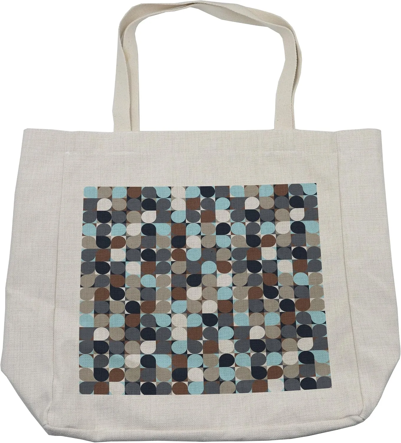 Lunarable Geometric Circle Shopping Bag, Retro Themed Grid Pixel Polygons Web in Earthen Effects Pop Art Inspired, Eco-Friendly Reusable Bag for Groceries Beach and More, 15.5" X 14.5", Cream