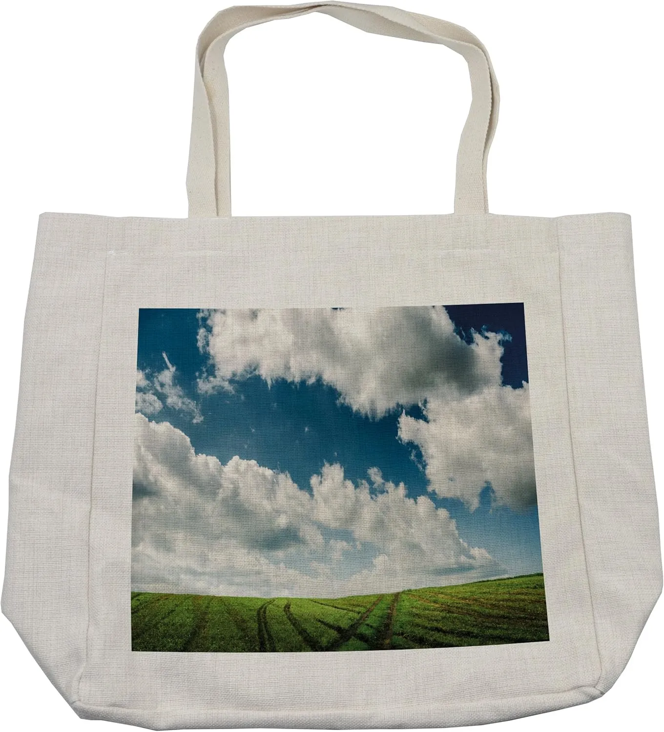 Lunarable Landscape Shopping Bag, Endless Green Rutty Field with Cloudy Sky Horizon Ecological Nature Photo, Eco-Friendly Reusable Bag for Groceries Beach and More, 15.5" X 14.5", Cream