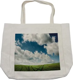 Lunarable Landscape Shopping Bag, Endless Green Rutty Field with Cloudy Sky Horizon Ecological Nature Photo, Eco-Friendly Reusable Bag for Groceries Beach and More, 15.5" X 14.5", Cream