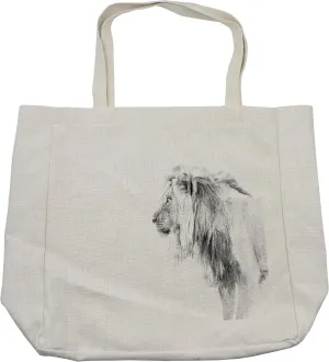 Lunarable Lion Shopping Bag, Black and White Hand Drawn Lion Surveying for Prey Majestic Animal Royal Beast King, Eco-Friendly Reusable Bag for Groceries Beach and More, 15.5" X 14.5", Cream