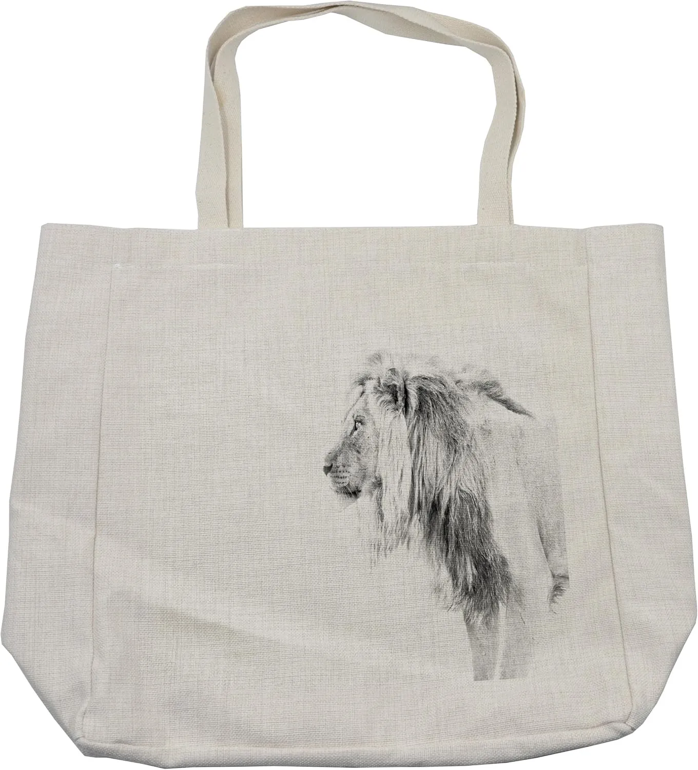 Lunarable Lion Shopping Bag, Black and White Hand Drawn Lion Surveying for Prey Majestic Animal Royal Beast King, Eco-Friendly Reusable Bag for Groceries Beach and More, 15.5" X 14.5", Cream
