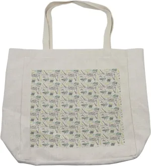Lunarable Musical Shopping Bag, Hand Drawn Percussion Drums Electro Guitar and Grand Piano, Eco-Friendly Reusable Bag for Groceries Beach and More, 15.5" X 14.5", Cream