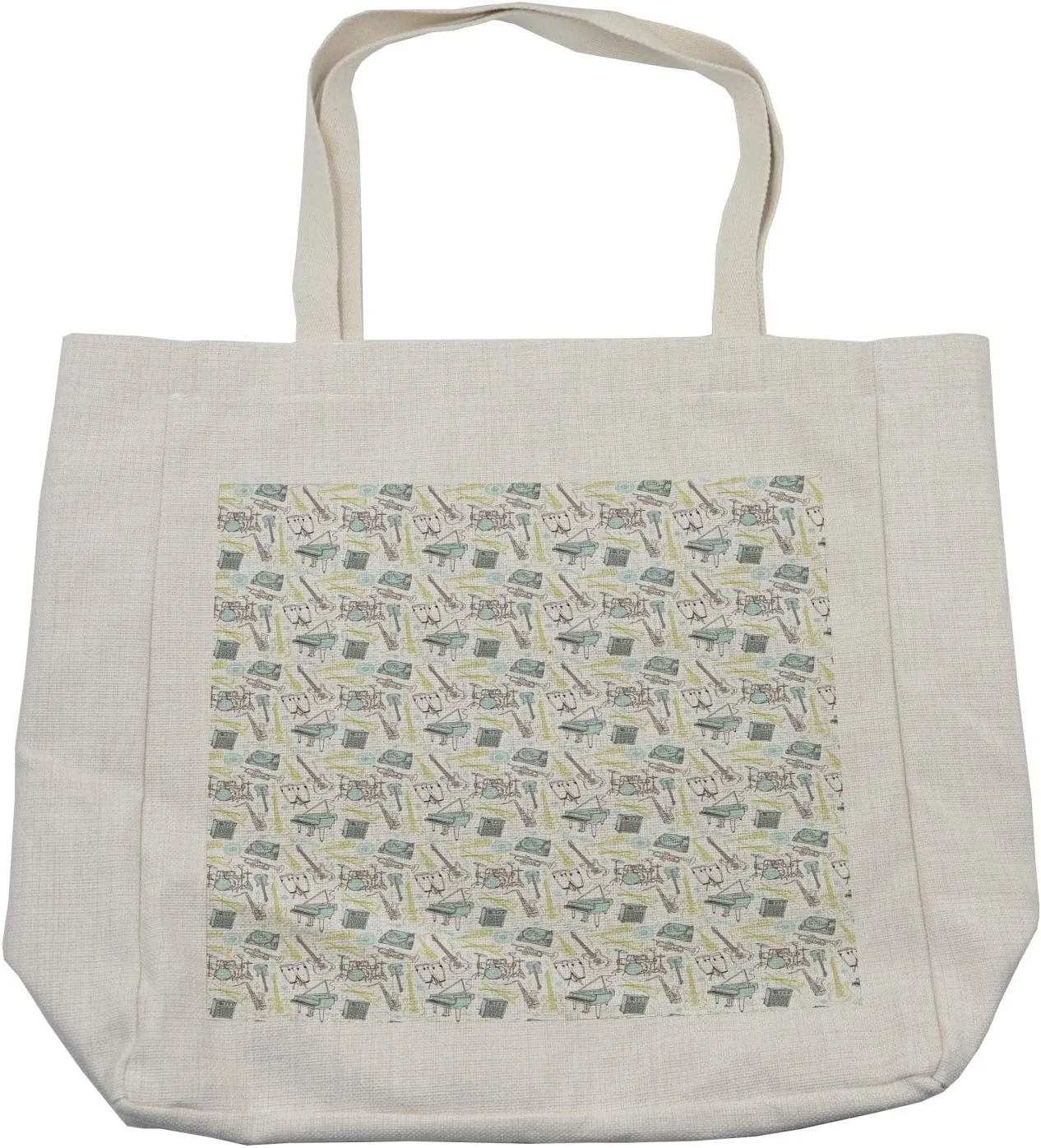 Lunarable Musical Shopping Bag, Hand Drawn Percussion Drums Electro Guitar and Grand Piano, Eco-Friendly Reusable Bag for Groceries Beach and More, 15.5" X 14.5", Cream