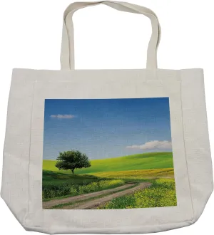 Lunarable Nature Shopping Bag, Grassland Field with Tree Clouds and Pathway Rural Scene, Eco-Friendly Reusable Bag for Groceries Beach and More, 15.5" X 14.5", Cream