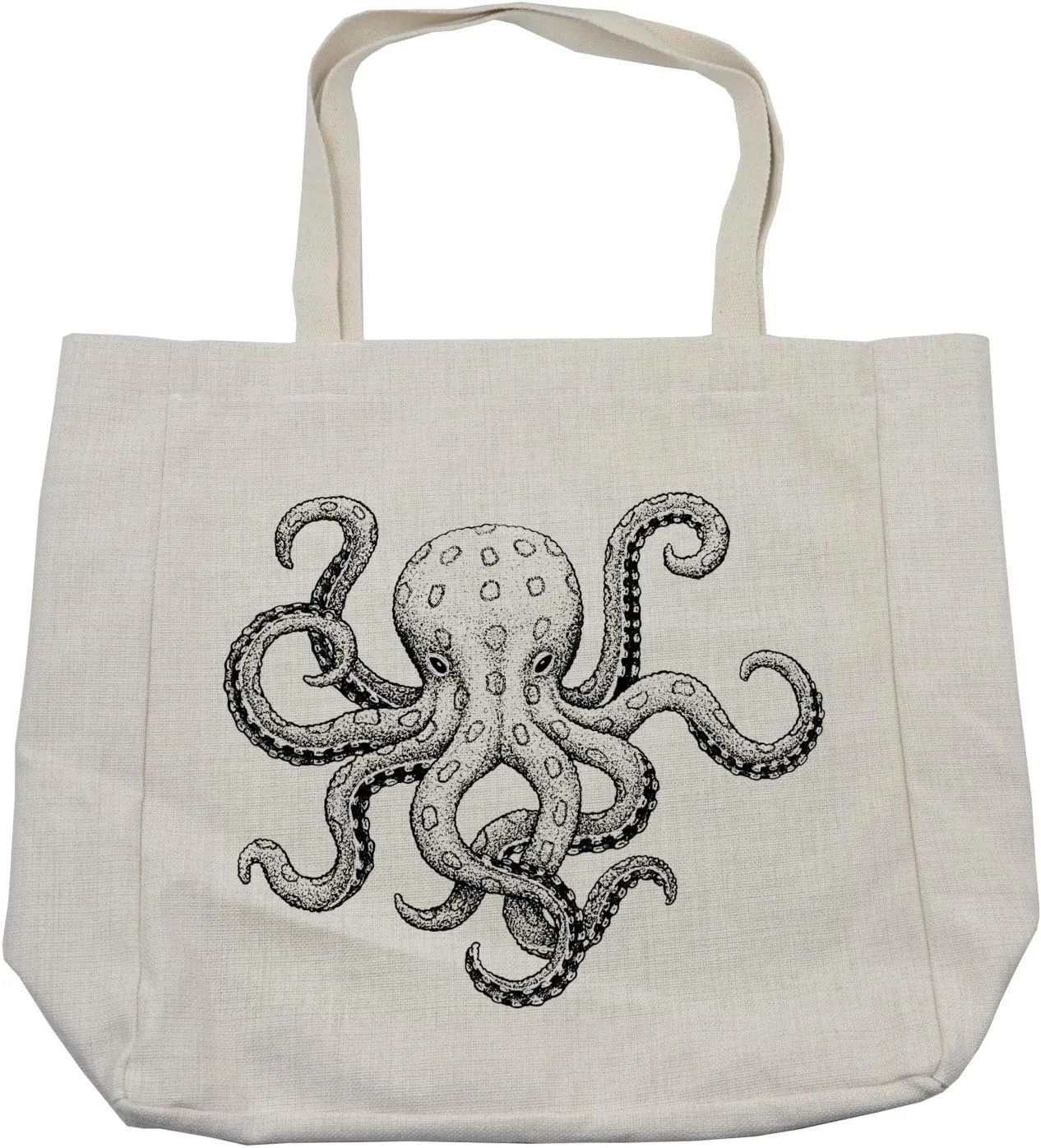 Lunarable Octopus Shopping Bag, Sketch Style Print of Deadly Blue Ringed Octopus Camouflage Marine Animal Aquatic, Eco-Friendly Reusable Bag for Groceries Beach and More, 15.5" X 14.5", Cream