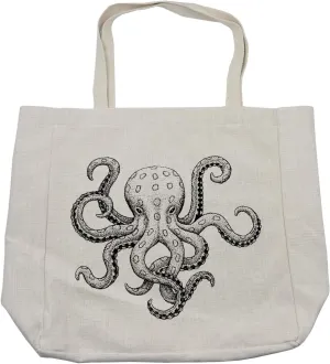 Lunarable Octopus Shopping Bag, Sketch Style Print of Deadly Blue Ringed Octopus Camouflage Marine Animal Aquatic, Eco-Friendly Reusable Bag for Groceries Beach and More, 15.5" X 14.5", Cream
