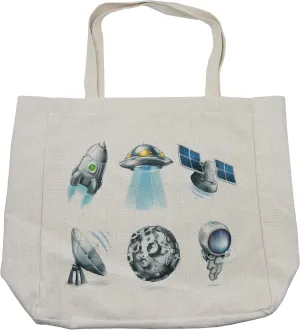 Lunarable Outer Space Shopping Bag, Digital Futuristic Astronomy with Space Meteor Radar Signals Satellite Print, Eco-Friendly Reusable Bag for Groceries Beach and More, 15.5" X 14.5", Cream