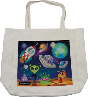 Lunarable Outer Space Shopping Bag, Planet Fantasy on Interstellar Terrain with Astronaut Cosmonaut and Aliens, Eco-Friendly Reusable Bag for Groceries Beach and More, 15.5" X 14.5", Cream