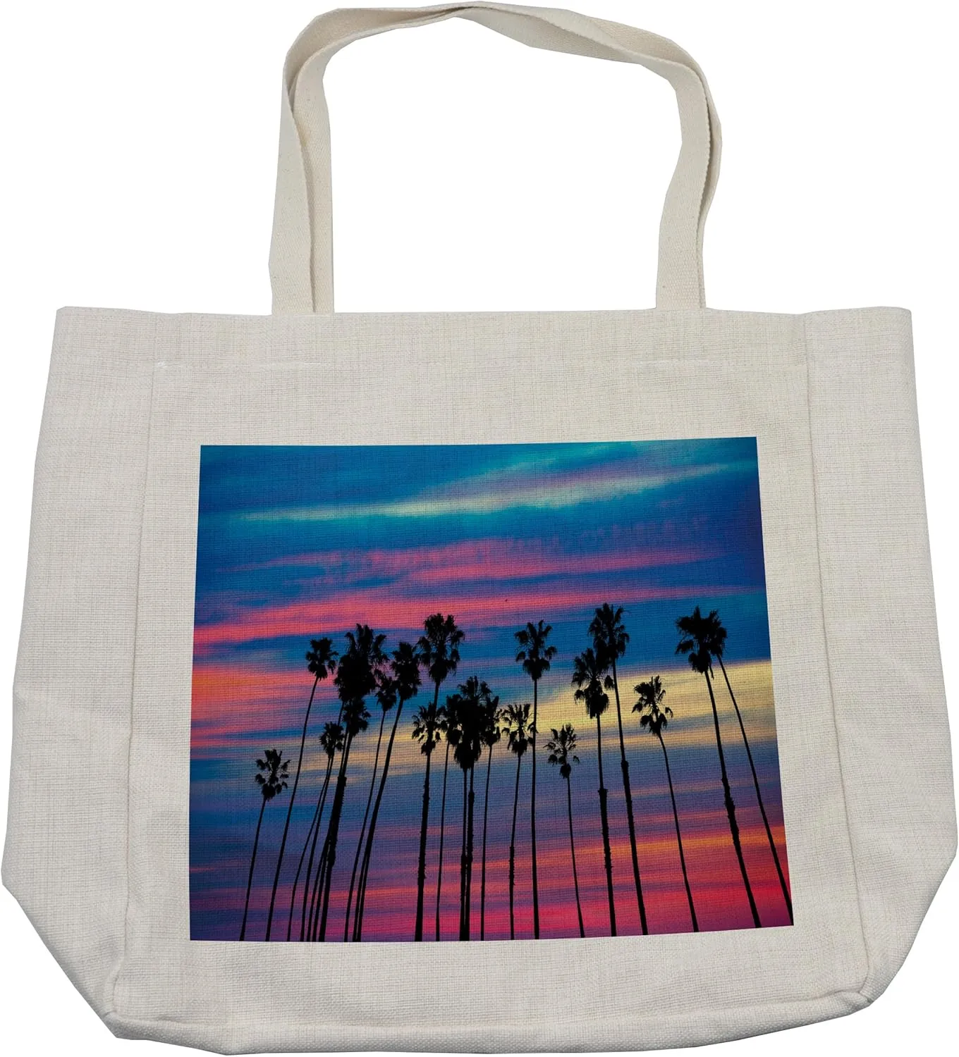Lunarable Palm Tree Shopping Bag, Surreal California Tree Tops Upward View to the Magic Sky in Tones Picture, Eco-Friendly Reusable Bag for Groceries Beach and More, 15.5" X 14.5", Blue Pink
