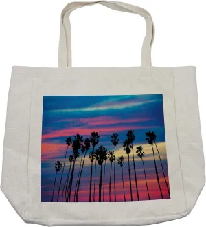 Lunarable Palm Tree Shopping Bag, Surreal California Tree Tops Upward View to the Magic Sky in Tones Picture, Eco-Friendly Reusable Bag for Groceries Beach and More, 15.5" X 14.5", Blue Pink