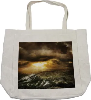 Lunarable Rustic Shopping Bag, Wilderness Rugged Nature Dramatic Clouds Wild Adventurous Travel Destinations, Eco-Friendly Reusable Bag for Groceries Beach and More, 15.5" X 14.5", Cream