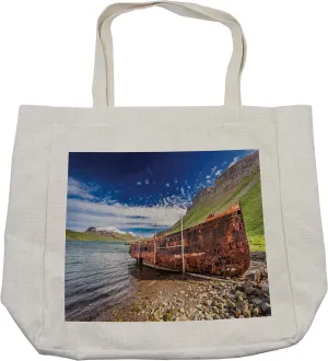 Lunarable Shipwreck Shopping Bag, Rusty Ship Wreck in Iceland near Cliffs Hills Valley Fjord Nordic Arctic Scenery, Eco-Friendly Reusable Bag for Groceries Beach and More, 15.5" X 14.5", Cream