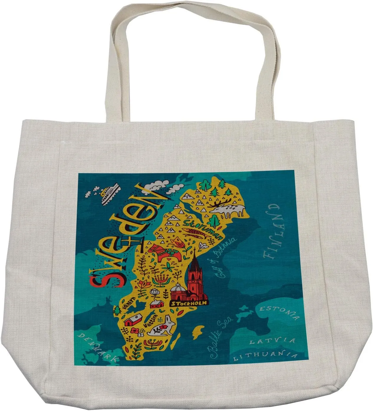 Lunarable Swedish Shopping Bag, Illustrated Floral Map of Sweden Travel Destinations Tourist Attractions Theme, Eco-Friendly Reusable Bag for Groceries Beach and More, 15.5" X 14.5", Cream