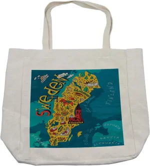 Lunarable Swedish Shopping Bag, Illustrated Floral Map of Sweden Travel Destinations Tourist Attractions Theme, Eco-Friendly Reusable Bag for Groceries Beach and More, 15.5" X 14.5", Cream