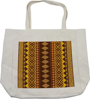 Lunarable Tribal Shopping Bag, Vertical Geometric Ornate Bound Triangle and Diagonal Shapes Art Print, Eco-Friendly Reusable Bag for Groceries Beach and More, 15.5" X 14.5", Cream