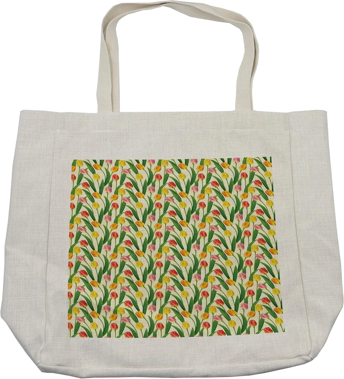 Lunarable Tulip Shopping Bag, Repetition of Tangled Yellow Tulips with Foliage Graceful Graphic Tile Style Design, Eco-Friendly Reusable Bag for Groceries Beach and More, 15.5" X 14.5", Cream