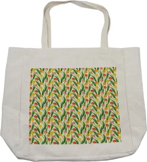 Lunarable Tulip Shopping Bag, Repetition of Tangled Yellow Tulips with Foliage Graceful Graphic Tile Style Design, Eco-Friendly Reusable Bag for Groceries Beach and More, 15.5" X 14.5", Cream