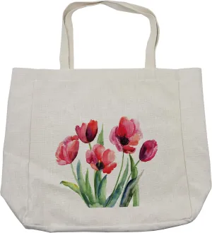 Lunarable Tulip Shopping Bag, Textured Watercolor Effloresced Bunch of Plants Nature Awakening in Spring Weather, Eco-Friendly Reusable Bag for Groceries Beach and More, 15.5" X 14.5", Cream