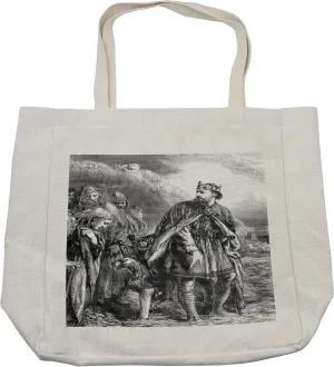 Lunarable Victorian Shopping Bag, Vintage Newspaper Illustration of King Canute Civilizations Middle Ages, Eco-Friendly Reusable Bag for Groceries Beach and More, 15.5" X 14.5", Cream