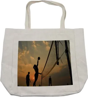Lunarable Volleyball Shopping Bag, Beach Sports at Sunset Open Sky Net and Ball Activity Excitement Fun and Games, Eco-Friendly Reusable Bag for Groceries Beach and More, 15.5" X 14.5", Cream